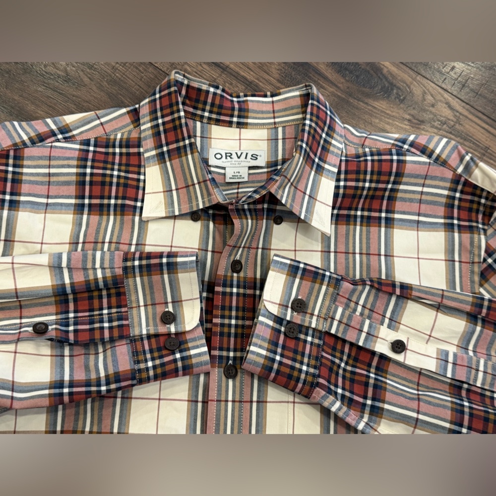 Orvis Mens Button Down Long Sleeve Plaid 100% Cotton Sz L Casual Dress Shirt